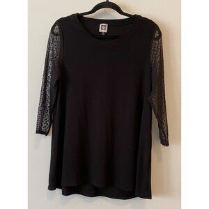 Anne Klein Black Blouse Tunic Top Sheer Polka Dot 3/4 Sleeves Medium